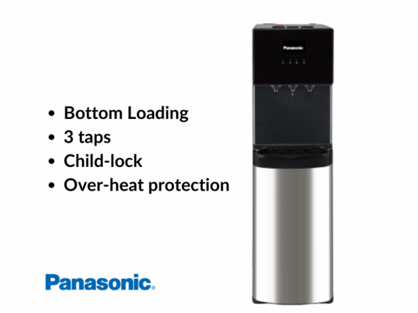 Panasonic Water Dispenser, Bottom Loading SDMWD3438; 3-Taps with Child Lock, Black/Silver