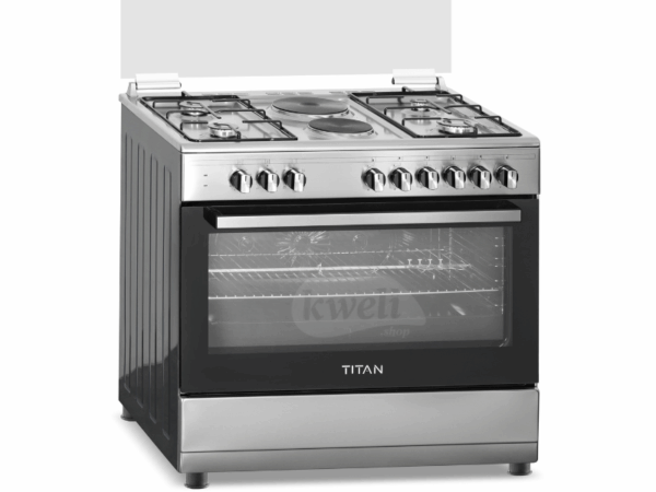 TITAN Freestanding Cooker, 90cm x 60cm, 4 Gas Burners + 2 Electric Hotplates, Electric Oven with Grill & Rotisserie, Oven Fan, Auto Ignition - TN-FC9420XBS