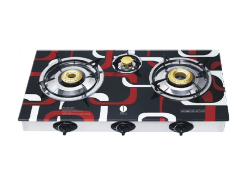 IQRA 3-Burner Gas Stove IQ-GS3BG; Glass Top, Brass Burners, Auto Ignition with Piezo, Enamel Pan Support - IQRA 3-Burner Gas Stove IQ-GS3BG; Glass Top, Brass Burners, Auto Ignition with Piezo, Enamel Pan Support