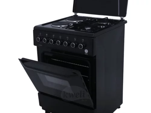IQRA 60cm Cooker IQ-FC6221-BLK; 2 Gas Burners + 2 Electric Plates, Electric Oven and Grill, Timer, Enamel Pan Support, Black Combo Cookers
