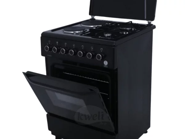 IQRA 60cm Cooker IQ-FC6221-BLK; 2 Gas Burners + 2 Electric Plates, Electric Oven and Grill, Timer, Enamel Pan Support, Black Combo Cookers