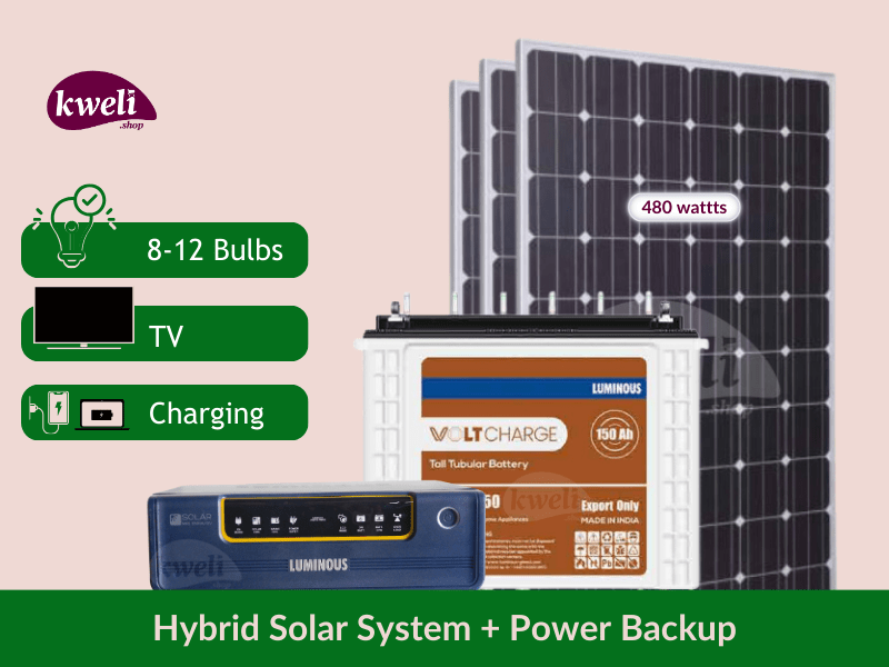 Kweli 480W/1.8kWh/850VA Hybrid Solar System & Power Backup for Home; Power upto 12 Bulbs, TV, Laptop and Phone Charging - Kweli 480W/1.8kWh/850VA Hybrid Solar System & Power Backup for Home; Power upto 12 Bulbs, TV, Laptop and Phone Charging