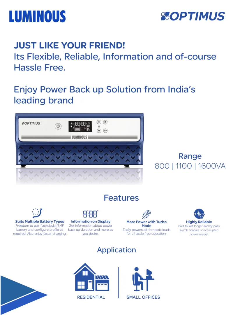 Luminous Optimus 1600VA 24V Solar Inverter; Digital Display, Low Battery Protection Inverter-Chargers 4