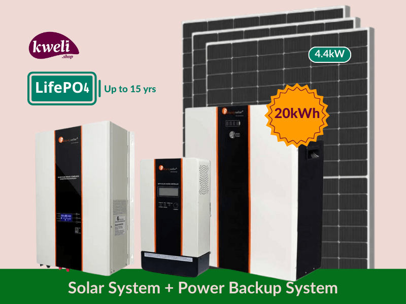 Kweli Energy 4.4kW-20kWh-10kVA LifePo4 (Lithium) Hybrid Solar System & Power Backup Solution; 48V Complete Solar System for home, business or institution - Kweli Energy 4.4kW-20kWh-10kVA LifePo4 (Lithium) Hybrid Solar System & Power Backup Solution; 48V Complete Solar System for home, business or institution