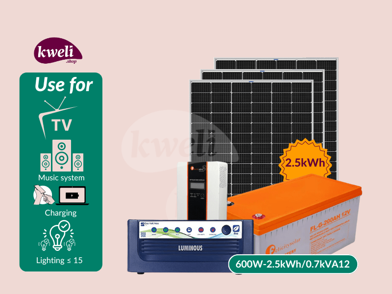 Kweli Energy 600W-2.5kWh-0.7kVA12V Complete Solar System - Gel; 600-watt Solar System to power upto 15 Bulbs, Woofer(Music), TV, Laptop and Phone Charging for 8-12 hours - Kweli Energy 600W-2.5kWh-0.7kVA12V Complete Solar System - Gel; 600-watt Solar System to power upto 15 Bulbs, Woofer(Music), TV, Laptop and Phone Charging for 8-12 hours