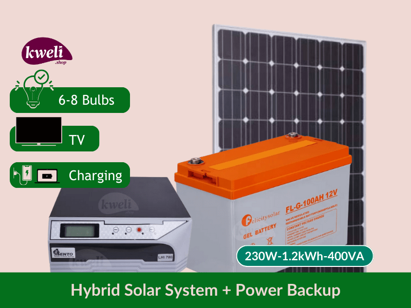 Kweli Energy 230W-1.2kWh-400VA Complete Solar System & Power Backup; Power upto 8 Bulbs, TV, Laptop and Phone Charging for 8-12 hours, 230-watt Complete System - Kweli Energy 230W-1.2kWh-400VA Complete Solar System & Power Backup; Power upto 8 Bulbs, TV, Laptop and Phone Charging for 8-12 hours, 230-watt Complete System