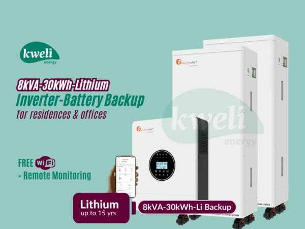 Kweli Energy 8kVA-30kWh Lithium Battery-Inverter Backup System; Automatic Switchover, FREE Remote Monitoring via WiFi, Charge with Grid/UEDCL, Generator or Solar