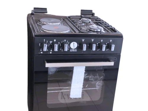 IQRA 60cmX60cm Cooker IQ-FC6022-BLK; 2 Gas Burners + 2 Electric Plates, Electric Oven and Grill, Timer, Glass Lid, Enamel Pan Support, Black Combo Cookers