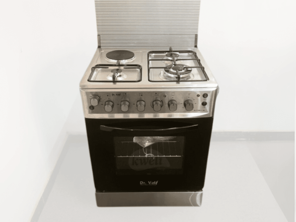 DR VOLT 60cm Gas & Electric Cooker IQ-FC6611SS; 3 Gas + 1 Hot Plate, Pulse Ignition, Enamelled Pan Support, 64L Oven with Lamp, Rotisserie & Thermostat