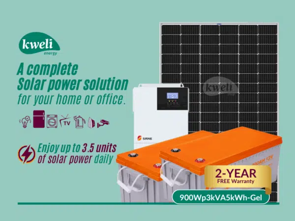 Kweli Energy 900Wp3kVA5kWh-Gel Hybrid Solar System; Enioy up to 3.5 units of solar power daily, power all essential appliances Complete Solar Systems