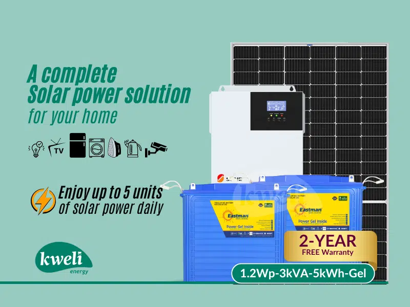 Kweli Energy 1.2kWp3kVA5kWh-Gel Hybrid Solar System; Enjoy up to 5 units of solar power daily – power your lights, washer, Iron , TV, fan, fridge, cameras Complete Solar Systems 2 Kweli Energy 1.2kWp3kVA5kWh-Gel Hybrid Solar System; Enjoy up to 5 units of solar power daily – power your lights, washer, Iron , TV, fan, fridge, cameras Complete Solar Systems 2