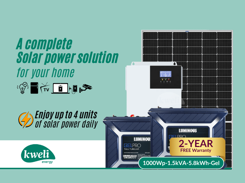 Kweli Energy 1kWp1.5kVA5.8kWh-Gel Hybrid Solar System; Enjoy up to 4 units of solar power daily – power your lights, TV, fan, fridge, cameras and more - Kweli Energy 1kWp-1.5kVA-5.8kWh-Gel Hybrid Solar System