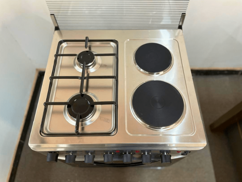 DR VOLT 60cm Gas & Electric Cooker IQ-FC6622SS; 2 Gas + 2 Hot Plates, Pulse Ignition, Enamelled Pan Support, 64L Oven with Lamp, Rotisserie & Thermostat - DR VOLT 60cm Gas & Electric Cooker IQ-FC6622SS