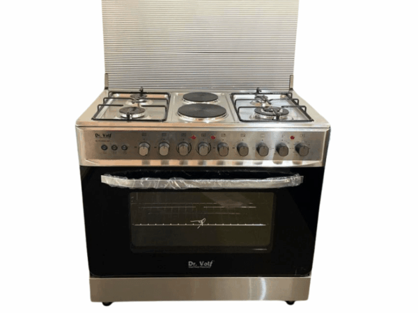 DR VOLT 90cm Gas & Electric Cooker IQ-FC9942SS; 4 Gas + 2 Hot Plates, Pulse Ignition, Enamelled Pan Support, 90L Oven with Lamp, Rotisserie & Timer Function
