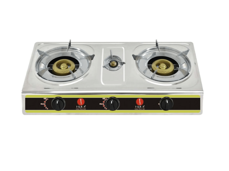 IQRA 3-Burner Gas Stove IQ-GS3BSS; Stainless Steel Body, Brass Burners, Auto Ignition - IQRA 3-Burner Gas Stove IQ-GS3BSS