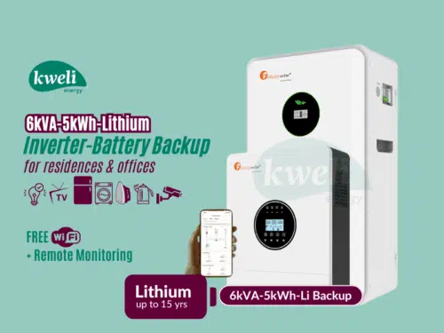 Kweli Energy 6kVA-5kWh Lithium Battery-Inverter Backup System; Automatic Switchover, FREE WiFi plus Remote Monitoring, Charge with Grid/UEDCL, Generator or Solar Inverter-Battery Backup Kweli Energy 6kVA-5kWh Lithium Battery-Inverter Backup System; Automatic Switchover, FREE WiFi plus Remote Monitoring, Charge with Grid/UEDCL, Generator or Solar Inverter-Battery Backup