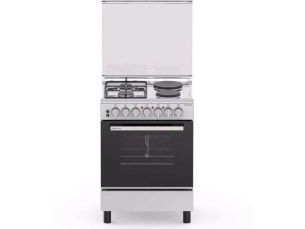 Hisense 60cm Freestanding Cooker HF622GEES; 2 Gas Burners, 2 Electric Hot Plates, 68L Electric Oven & Grill, Rotisserie, Auto Ignition, Flame Failure Safety, Silver