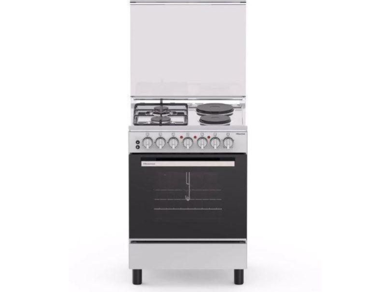 Hisense 60cm Freestanding Cooker HF622GEES; 2 Gas Burners, 2 Electric Hot Plates, 68L Electric Oven & Grill, Rotisserie, Auto Ignition, Flame Failure Safety, Silver - Hisense 60cm Freestanding Cooker HF622GEES; 2 Gas Burners, 2 Electric Hot Plates, 68L Electric Oven & Grill, Rotisserie, Auto Ignition, Flame Failure Safety, Silver