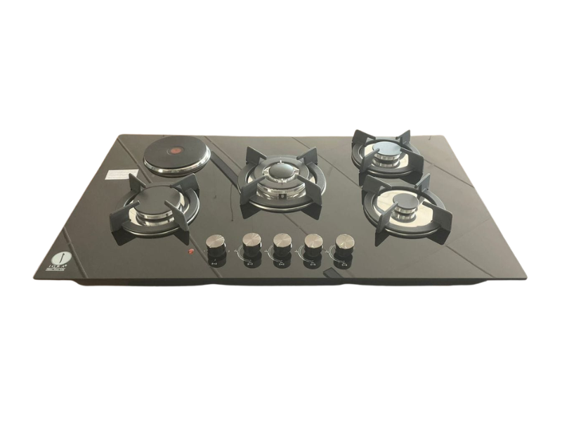 IQRA 90cm Built-In Hob IQ-KH5002EG; 4 Gas Burners + 1 Electric Plate, Glass Top, Pulse Ignition, Cast Iron Pan Supports, Jet Burner - IQRA 90cm Built-In Hob IQ-KH5002EG; 4 Gas Burners + 1 Electric Plate, Glass Top, Pulse Ignition, Cast Iron Pan Supports, Jet Burner