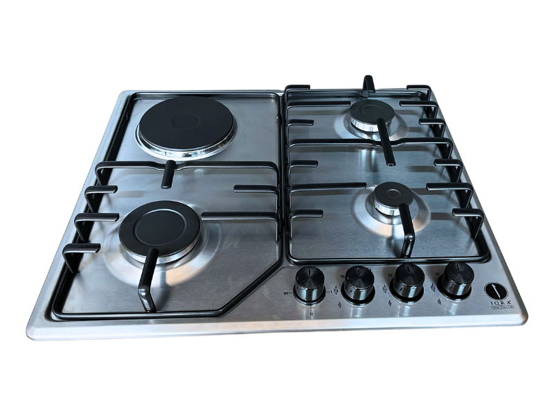 IQRA 60cm Built-In Hob IQ-BH631-SS; 3 Gas Burners + 1 Hotplate, Inox Body, Enamel Pan Supports, UK Plug - IQRA 60cm Built-In Hob IQ-BH631-SS