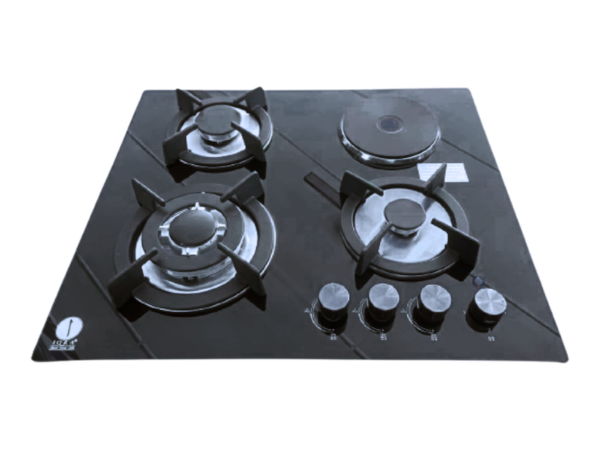 IQRA 60cm Built-In Hob IQ-KH4002EG; 3 Gas Burners + 1 Electric Hotplate, Tempered Glass Top, Auto Ignition, Cast Iron Pan Supports, Jet Burner