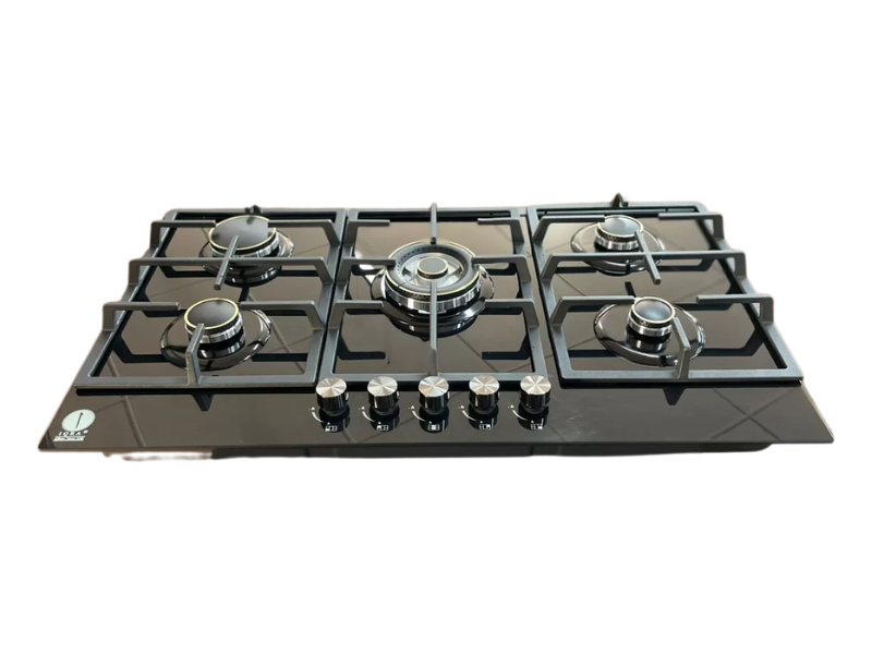 IQRA 90cm Built-In Gas Hob IQ-KH5068BG; 5 Gas Burners, Glass Top, Brass Burners, Wok Burner, Multiple Jet Burner - IQRA 90cm Built-In Gas Hob IQ-KH5068BG