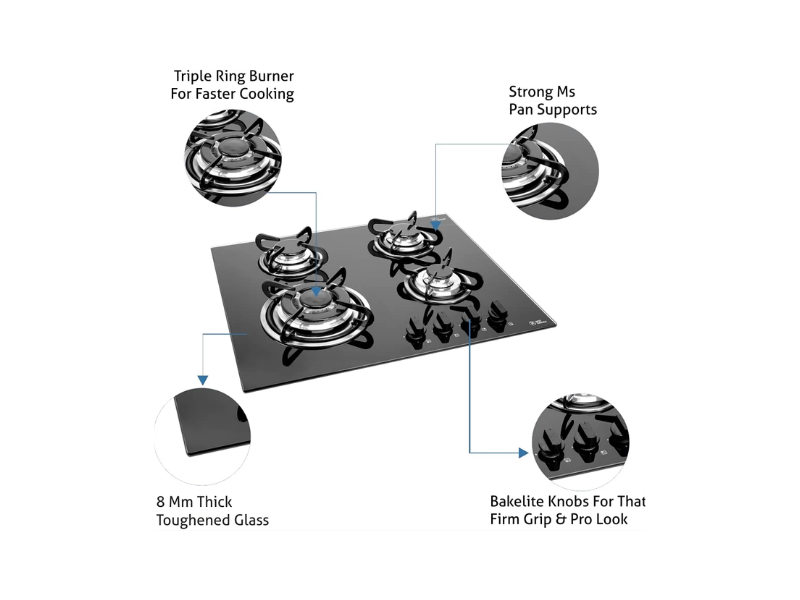 IQRA 60cm Built-In Gas Hob IQ-KH4002GL; 4 Gas Burners, Glass Top, Pulse Ignition, Cast Iron Pan Supports, Jet Burner - IQRA 60cm Built-In Gas Hob IQ-KH4002GL