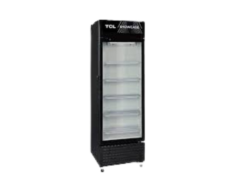 TCL 490L Showcase Display Chiller Refrigerator FLB490SCB; Single Door, Glass Door, LED Lighting, Wire Shelves, Movable Wheels, Black - TCL 490L Showcase Display Chiller Refrigerator FLB490SCB; Single Door, Glass Door, LED Lighting, Wire Shelves, Movable Wheels, Black