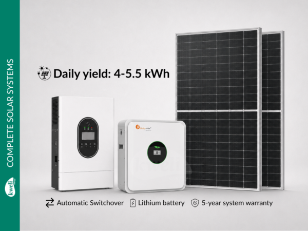 Kweli Energy 1.2kWp-2.56kWh-2kVA Complete Hybrid Solar Power System; 4.5-5.5kWh Daily Yield, Long-Life Lithium Battery, Automatic Switchover