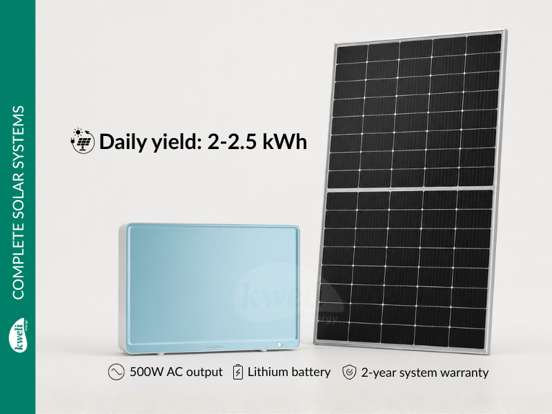 Kweli Energy 550Wp-1.63kWh-500W Complete Off-Grid Solar Power System; 2-2.5kWh Daily Yield, Long-Life Lithium Battery, Powers Essential Loads Day & Night - Kweli Energy 550Wp-1.63kWh-500W Complete Off-Grid Solar Power System; 2-2.5kWh Daily Yield, Long-Life Lithium Battery, Powers Essential Loads Day & Night
